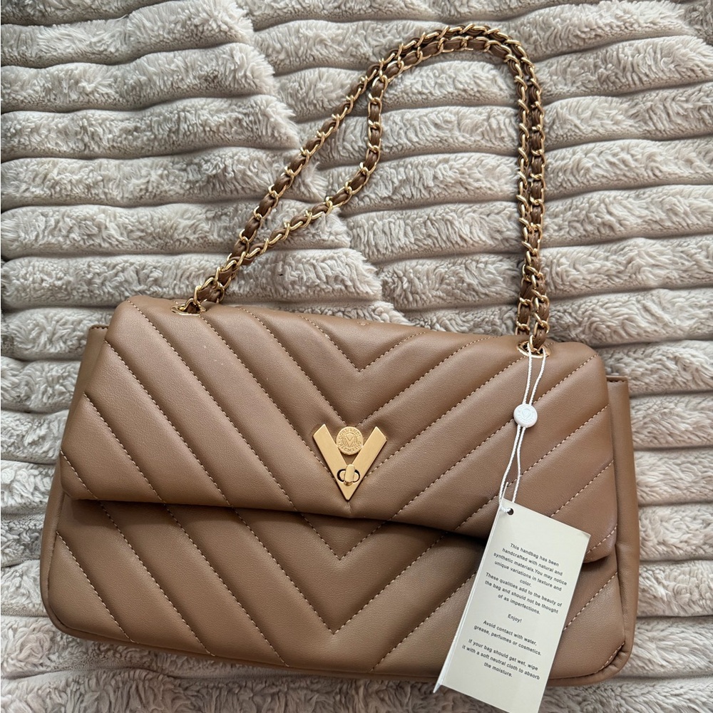 Valentino Orlandi Quilted Shoulder Bag in Taupe with Gold Chain